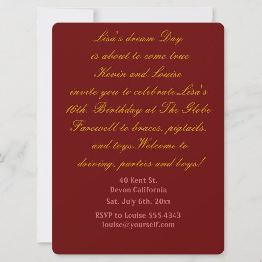 16誕生日の招待。 招待状 (正面)