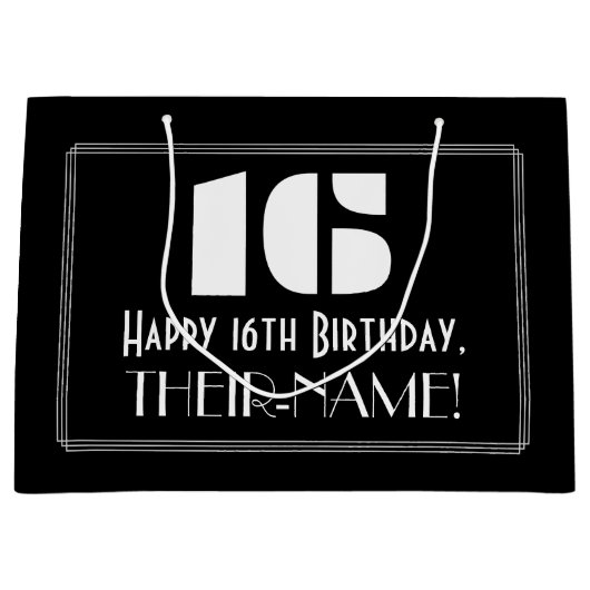 16誕生日インスパイア~アールデコルック"16" +名前 ラージペーパーバッグ (正面)