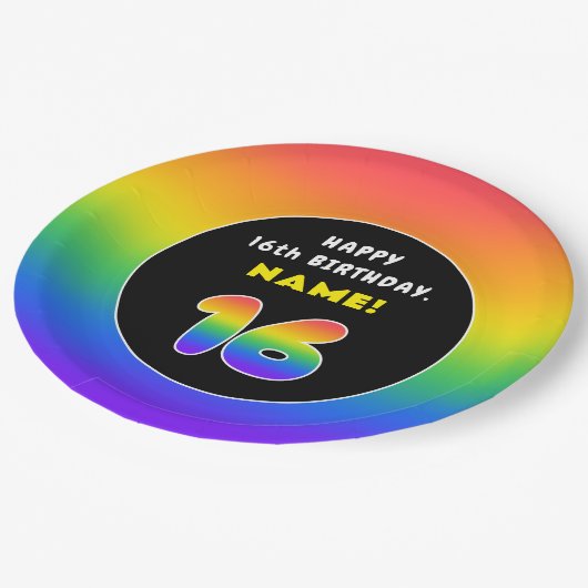 16誕生日カラフル：レインボー# 16,名前をカスタムする ペーパープレート (アングル)