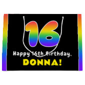 16誕生日カラフル:レインボー# 16,名前をカスタムする ラージペーパーバッグ (正面)