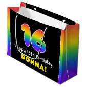 16誕生日カラフル:レインボー# 16,名前をカスタムする ラージペーパーバッグ (正面アングル)