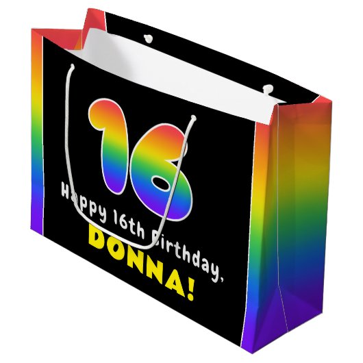 16誕生日カラフル:レインボー# 16,名前をカスタムする ラージペーパーバッグ (正面アングル)