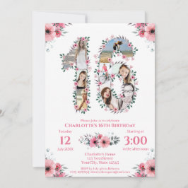 16誕生日ガールフォトコラージピンクフラワーホワイト 招待状