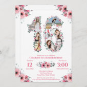 16誕生日ガールフォトコラージピンクフラワーホワイト 招待状 (正面/裏面)