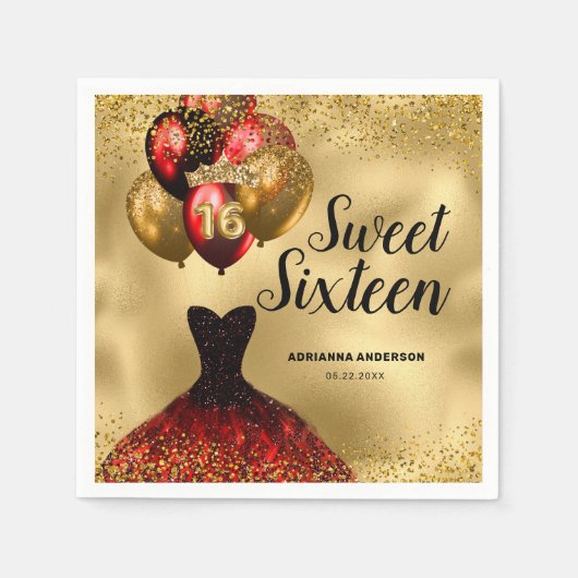 16誕生日グラム金ゴールドレッドグリッタースウィート16 スタンダードカクテルナプキン (正面)
