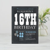 16誕生日シャルボードブルーバルーンシ素朴ック 招待状 (スタンド正面)