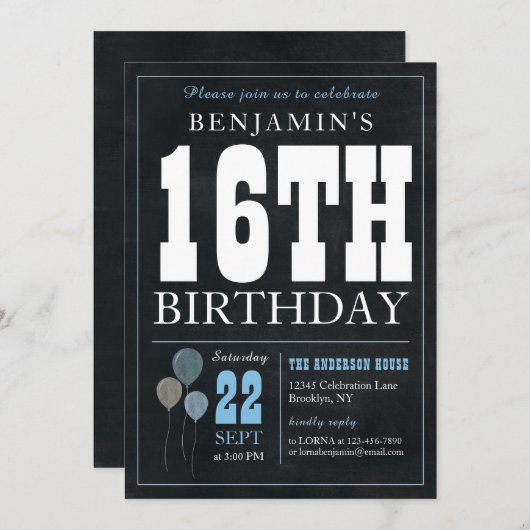 16誕生日シャルボードブルーバルーンシ素朴ック 招待状 (正面/裏面)