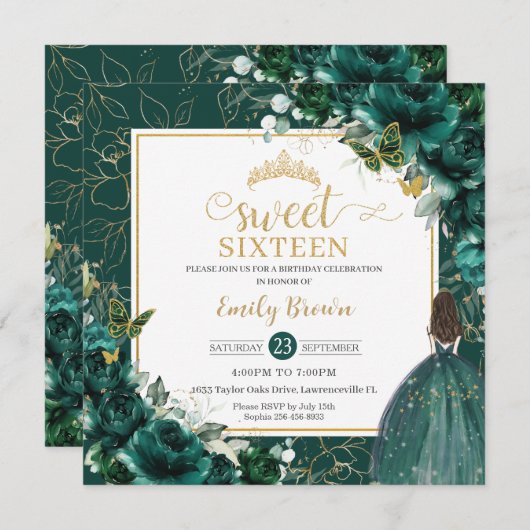 16誕生日スウィート16エメラルドグリーンフローラインヴィータ 招待状 (正面/裏面)