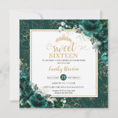 16誕生日スウィート16エメラルドグリーンフローラ金ゴールド 招待状 (正面)