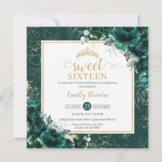 16誕生日スウィート16エメラルドグリーンフローラ金ゴールド 招待状 (正面)