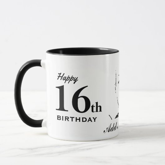 16誕生日スウィート16タイポグラフィ白黒 マグカップ (左)
