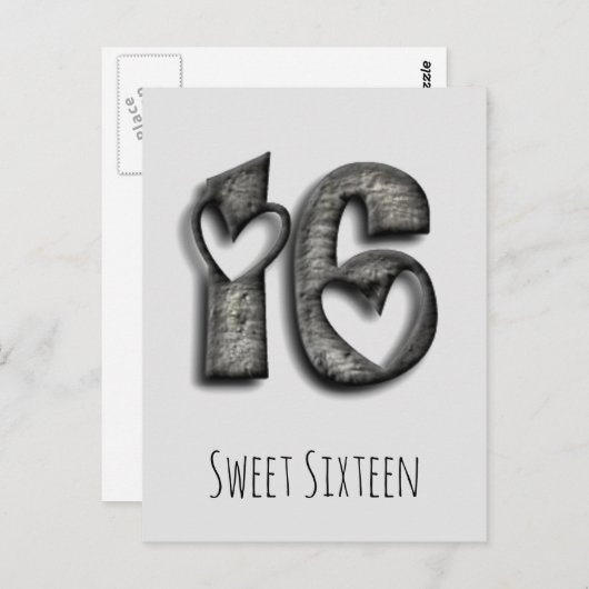 16誕生日スウィート16素朴ハートタイポグラフィ ポストカード (正面/裏面)