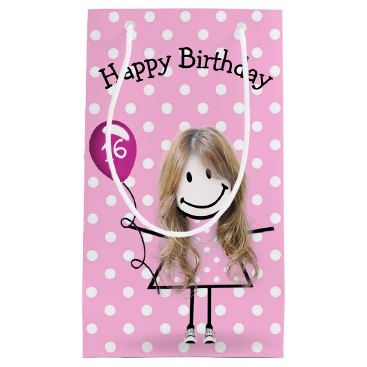 16誕生日スティックガールwithピンクバルーン スモールペーパーバッグ (正面)