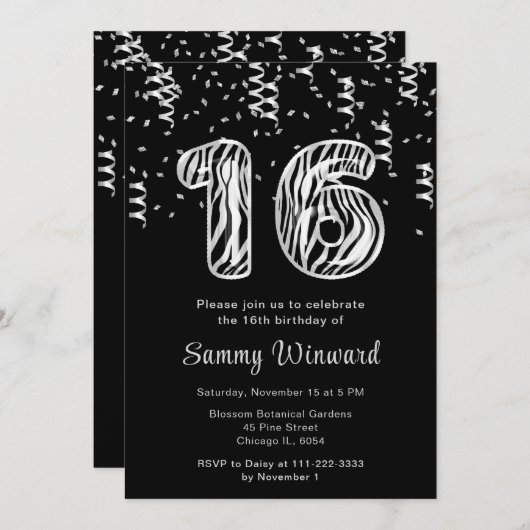 16誕生日ゼブラ風船を紙吹雪で印刷 招待状 (正面/裏面)