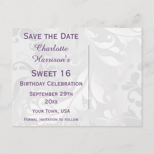 16誕生日ダマスクフェイクと弓の日付を保存 案内ポストカード (裏面)