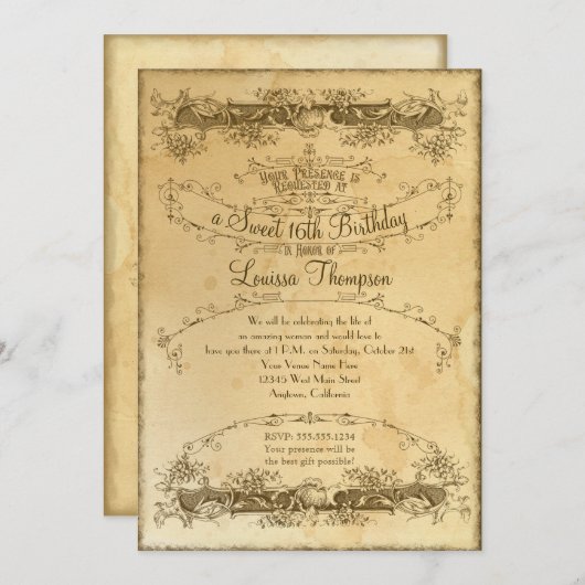 16誕生日ティーステンドヴィンテージお祝い 招待状 (正面/裏面)