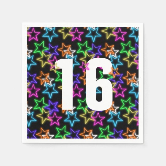 16誕生日ネオンスターズオンブラック スタンダードカクテルナプキン (正面)