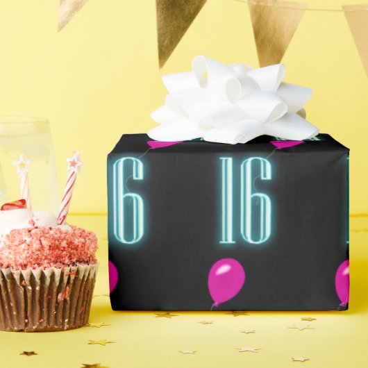 16誕生日ネオン風船 ラッピングペーパー (誕生日パーティー)