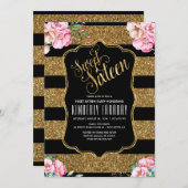 16誕生日パーティー – Sweet sixteen金ゴールドグリッター 招待状 (正面/裏面)
