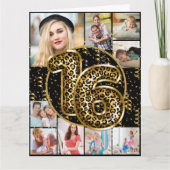 16誕生日ヒョウ印刷金ゴールドバルーン写真 カード (正面)