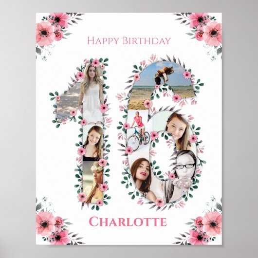16誕生日ピンクフラワーガールフォトコラージホワイト ポスター (正面)