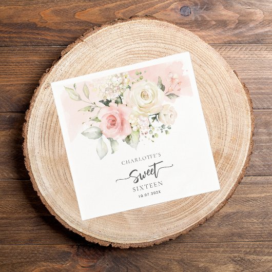 16誕生日ピンクフローラパーティー紙 スタンダードカクテルナプキン