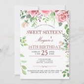 16誕生日ピンクローズSweet sixteen写真パーティー 招待状 (正面)