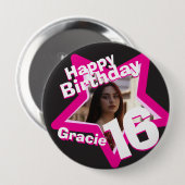 16誕生日フォトおもしろいホットピンクボタン/バッジ 缶バッジ (正面&裏面)