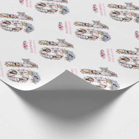 16誕生日フォトガールコラージピンクフラワーホワイト ラッピングペーパー (角)