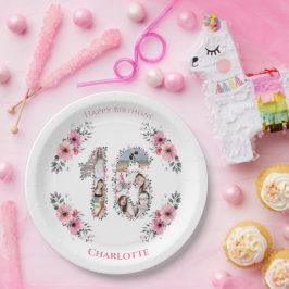 16誕生日フォトコラージガールピンク花白 ペーパープレート