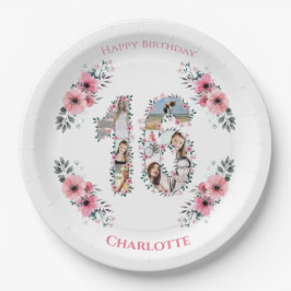 16誕生日フォトコラージガールピンク花白 ペーパープレート