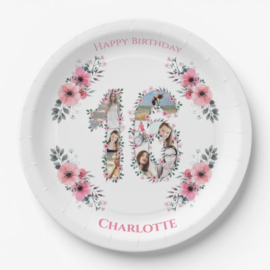 16誕生日フォトコラージガールピンク花白 ペーパープレート (正面)