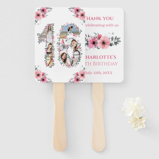 16誕生日フォトコラージピンクガールフラワーホワイト ハンドファン (正面&裏面)