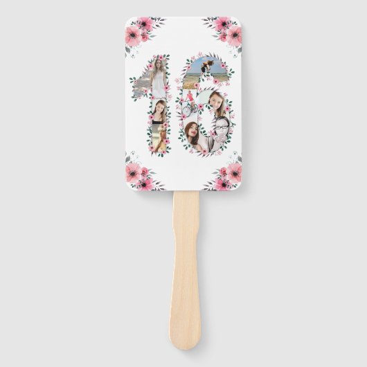 16誕生日フォトコラージピンクガールフラワーホワイト ハンドファン (正面)