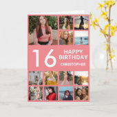 16誕生日フォトコラージュ13枚ピンク&ホワイト写真 カード (黄色い花)