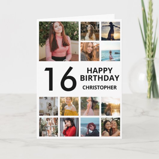 16誕生日フォトコラージュ13枚白黒 カード (正面)