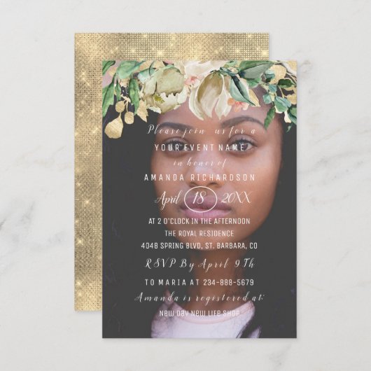 16誕生日フォトフラワーズブランチ火花金ゴールド 招待状 (正面/裏面)