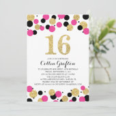 16誕生日ブラックホットピンク金ゴールドグリッター紙吹雪 招待状 (スタンド正面)