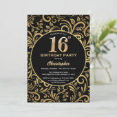 16誕生日ブラック&金ゴールドフローラルパターン 招待状 (スタンド正面)