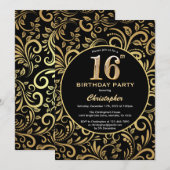 16誕生日ブラック&金ゴールドフローラルパターン 招待状 (正面/裏面)