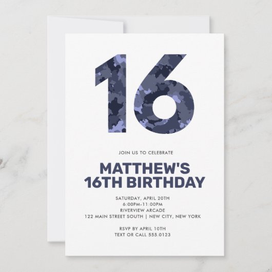 16誕生日ブルー迷彩柄10代の 招待状 (正面)