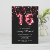 16誕生日レッドバルーン雪片紙吹雪 招待状 (スタンド正面)