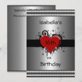 16誕生日レッドブラックフローラハートシルバー 招待状 (正面/裏面)