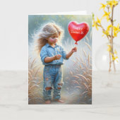 16誕生日向けハート風船付き少女 カード (黄色い花)