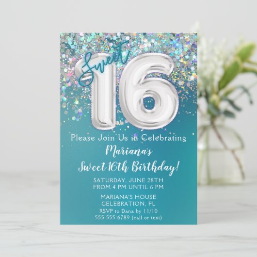 16誕生日招待状ティール(緑がかった色)銀グリッター 招待状 (スタンド正面)