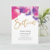 16誕生日招待状ピンク抽象芸術水彩 招待状 (スタンド正面)