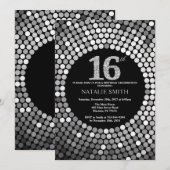 16誕生日招待状ブラックアンドシルバーグリッター 招待状 (正面/裏面)