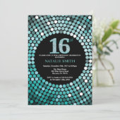 16誕生日招待状ブラックアンドティール(緑がかった色)グリッター 招待状 (スタンド正面)