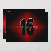 16誕生日招待状モダン-，赤/黒/銀 招待状 (正面/裏面)