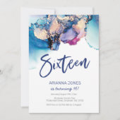 16誕生日招待状青抽象芸術水彩 招待状 (正面)